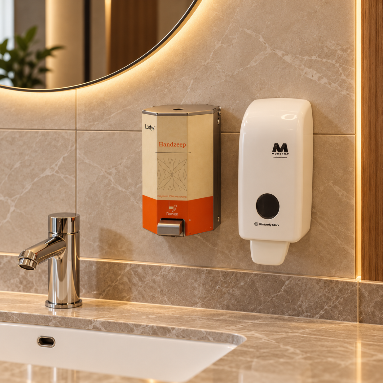Moderne badkamer met dubbele zeepdispensers